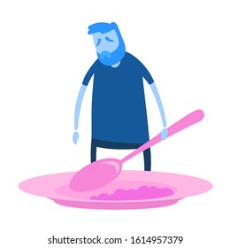 Sick man with no appetite in front of the meal. Colorful flat vector illustration. Isolated on white background.