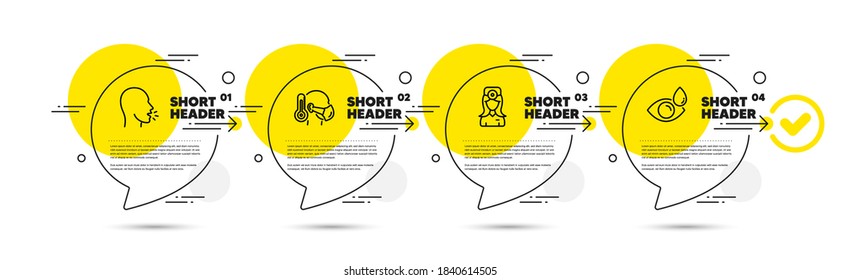 Enfermo, doctor oculista e íconos de la línea de tos. Burbujas del discurso de la infografía de la línea de tiempo. El signo de las gotas oculares. Protección epidémica, Optometrista, síntoma de coronavirus. Comprobar la visión. Equipo médico. Vector