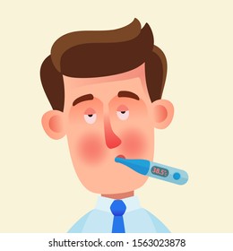 Sick man, office worker holding  thermometer in mouth. Flu epidemic at work. Rotavirus, high body temperature. Vector illustration, flat design cartoon style. Isolated background. Portrait view.