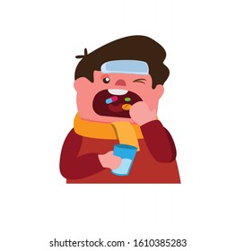 Sick Man, Open Mouth For Eating Drug Medicine,  Patient, Fat Man Wearing Jacket And Scarf Holding Mineral Water, Pill And Capsules Cartoon Flat Illustration Vector Isolated In White Background