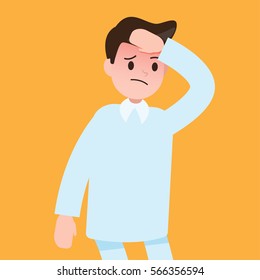 sick man , patient. feeling sick. man has a fever , headache , migraine. character. vector illustration.