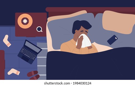 Sick man patient with rhinitis, flu cold seasonal illness problem vector illustration. Cartoon guy character with temperature influenza lying unwell under blanket in home bedroom, top view background
