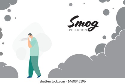 Sick man or patient is walking against smog or smoke on background. Fine dust, air pollution, industrial smog, pollutant gas emission, PM10, PM2.5. Vector illustration. World environment day concept.