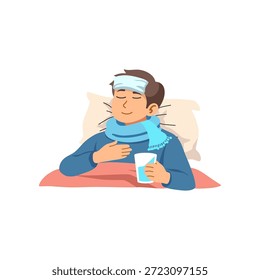 Hombre enfermo que descansa en cama con la fiebre y la Ilustración vectorial plana fría de la compresión