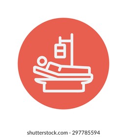 Sick man resting in bed with IV saline solution thin line icon for web and mobile minimalistic flat design. Vector white icon inside the red circle