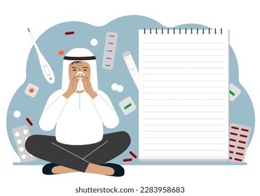 A sick man with a runny nose holds a handkerchief. Nearby there are a lot of medicines, pills, thermometers and a large notebook for notes. Vector flat illustration