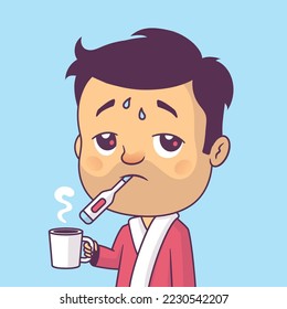 Hombre enfermo con cara triste y cansada, con gripe u otra enfermedad viral. Usando termómetro y sosteniendo una taza de dibujos animados vectores de té caliente.