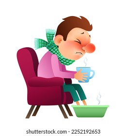 enfermo con bufanda sentado en una silla en casa que sufre de frío, infección, enfermedad por virus. Un hombre de dibujos animados con taza de té tomando un baño de pie. ilustración vectorial aislada.