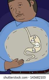 Sick man with see through of gravestones in stomach