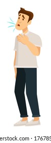 Sick man with shortness of breath or cough, isolated male character with coronavirus disease. Allergic personage suffocating or coughing, bronchial asthma. Virus outbreak, vector in flat style