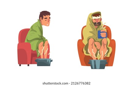 Sick Man Sitting on Armchair Wrapped in Blanket with His Legs in Basin with Hot Water Vector Set