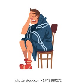 Sick Man Sitting on Chair Wrapped in Plaid, Guy with Flu Wearing Knitted Socks Covering Face with His Hand Cartoon Vector Illustration