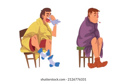 Sick Man Sitting on Chair Wrapped in Blanket Wearing Knitted Socks Vector Set