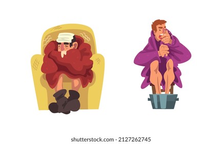 Sick Man Sitting on Chair Wrapped in Blanket Wearing Knitted Socks and Warming Legs in Basin with Hot Water Vector Set