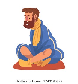 Sick Man Sitting on the Floor Wrapped in Plaid, Guy with Flu and Runny Nose Wearing Knitted Socks and Scarf Cartoon Vector Illustration