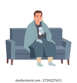 Sick man sitting on a sofa with a blanket, holding tissue and thermometer, representing flu. Flat vector illustration isolated on white background