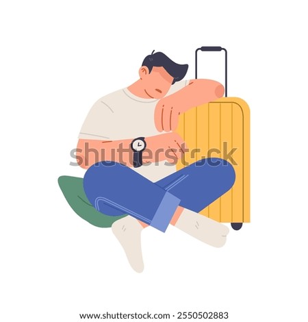 Sick man sitting sadly holding a suitcase suffering from jetlag or acclimatization. Bad vacation experience. Unhappy tourist having problems during their trip, travel abroad. Flat vector illustration