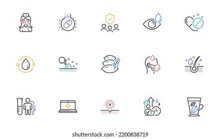 Sick man, Skin moisture and Medical pills line icons for website, printing. Collection of Difficult stress, Capsule pill, Medical analyzes icons. Eye drops, Serum oil, Pillow web elements. Vector