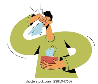 A sick man sneeze. Boy blowing their noses in handkerchiefs. People with illness. Season allergy