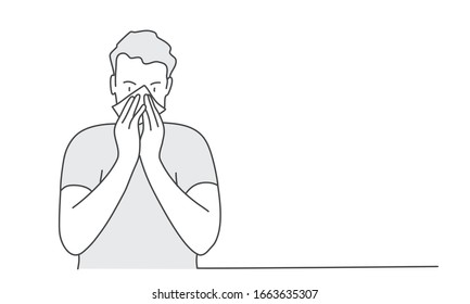 Sick man sneeze. Hand drawn vector illustration.