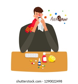 Sick man sneezes with flu isolated on white. Vector flu man, illness adult illustration