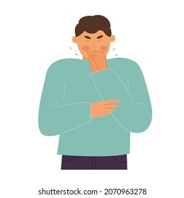 sick man sneezes into a handkerchief. Advertising of medicines. Fever, colds and viral diseases, coronavirus, covid concept. Vector illustration, flat