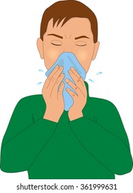 Sick man sneezing into a handkerchief