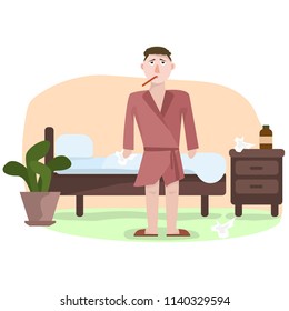 Sick man standing near bed with thermometer in mouth. Vector illustration of character in flat style.