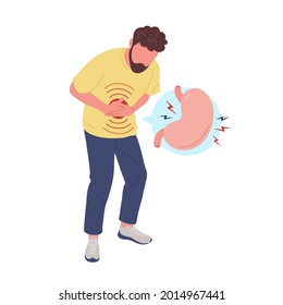 Sick Man With Stomachache Touching Belly With Stomach Icon In A Bubble. Flat Trendy Hand Drawn Character Vector Illustration. Isolated On White Background. Food Poisoning, Diarrhea Concept.