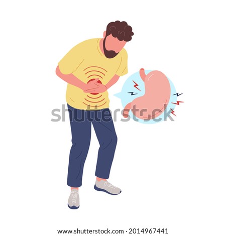 Sick man with stomachache touching belly with stomach icon in a bubble. Flat trendy hand drawn character vector illustration. Isolated on white background. Food poisoning, diarrhea concept.
