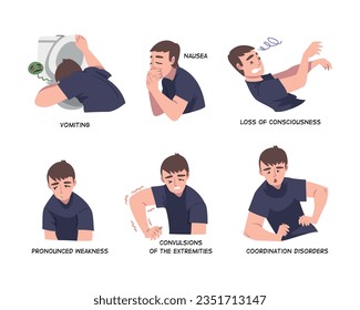 Sick Man Suffer from Different Symptom of Heart Stroke Vector Set