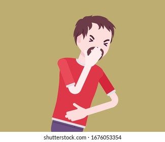 Sick man suffering with bad virus attack, fever, coughing symptoms. Pandemic outbreak of infection, pneumonia shortness of breath and immune system problem. Vector flat style cartoon illustration