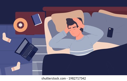 Sick man suffering flu cold headache vector illustration. Cartoon sleepless ill guy character lying in bed on pillow under blanket, holding head with ache in hands, insomnia during illness background