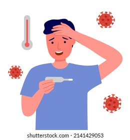 Sick man suffering from flu or cold. He has fever symptom. Influenza disease concept.