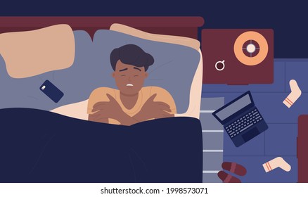 Un hombre enfermo que padece una enfermedad de la fiebre gripal ilustra un vector. Caricatura niño enfermo triste con síntomas de gripe fría y dolor de cabeza tendido en la cama en la almohada bajo la manta, vista superior del fondo del dormitorio de la casa