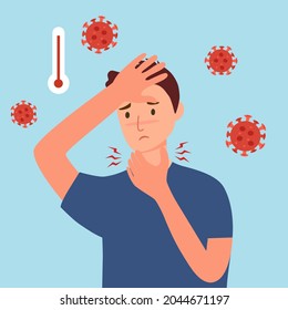 Sick man suffering from flu. He has fever and sore throat symptom with virus cells on background. Cold or influenza disease concept.