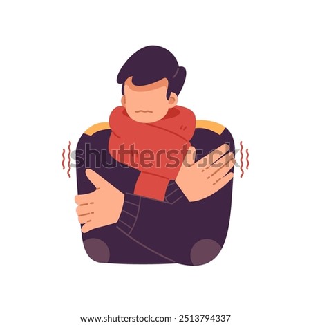 Sick man suffering from flu with scarf and jacket. Boy shivering feeling cold trembling hugging himself. Cold or influenza disease concept. Unwell, weather, ague, chill, fever vector illustration