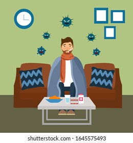 Sick man suffering from flu sitting on sofa in living room with scarf and blanket. He has fever and take thermometer in mouth. Corona virus influenza disease concept vector illustration.