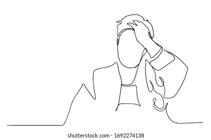 Sick Man Is Suffering From Headache, Migraine, Fever. Person Holds His Head, Forehead With Hand. Hand Drawn Vector Illustration. Man Having A Fever. Coronovirus. Covid-19