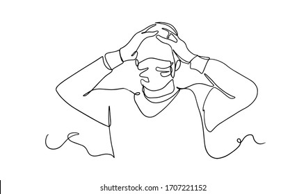 sick man is suffering from headache, migraine, fever. Person holds his head, forehead with hand. Hand drawn vector illustration. man having a fever wearing a medical mask. Coronovirus. covid-19