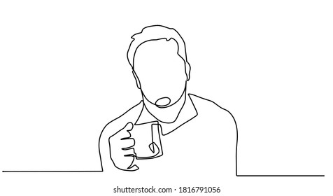 Sick man is suffering from headache, migraine, fever.  Hand drawn vector illustration.Cold, sick man dressed in grey sweater holding a cup of tea in hands. Vector illustration. 