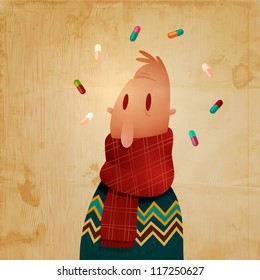 Sick Man Surrounded By Pills | Layered EPS10 Vector Illustration