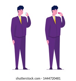 Sick man swallow big pill in his hands.  Vector illustration