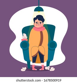 Sick man with the symptoms of a cold and flu vector illustration