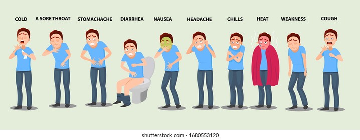 Sick Man. Symptoms:COLD, A SORE THROAT, STOMACHACHE, DIARRHEA, NAUSEA, HEADACHE, CHILLS, HEAT, WEAKNESS, COUGH. Corona Virus 2020. Cartoon Vector Illustration. 