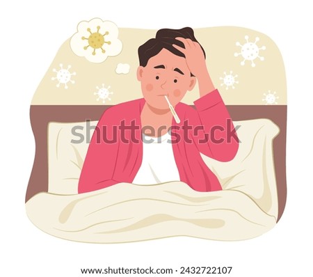 Sick Man Taking Temperature by Thermometer while Lying in Bed for Fever Concept Illustration