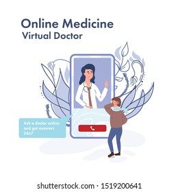 Sick man is talking by video call with a GP doctor. Online medicine, VR consultation. Online Diagnosis patient. Virtual chat with therapist. Digital healthcare. banner template. Vector cartoon