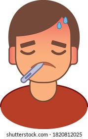 Sick man with thermometer closeup measuring temperature isolated vector illustration on white background