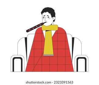 Sick man with thermometer flat line concept vector spot illustration. Man having fever 2D cartoon outline character on white for web UI design. Lifestyle editable isolated colorful hero image
