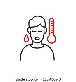Sick man with thermometer line icon, covid-19 and coronavirus, high temperature sign, vector graphics, a linear icon on a white background, eps 10.